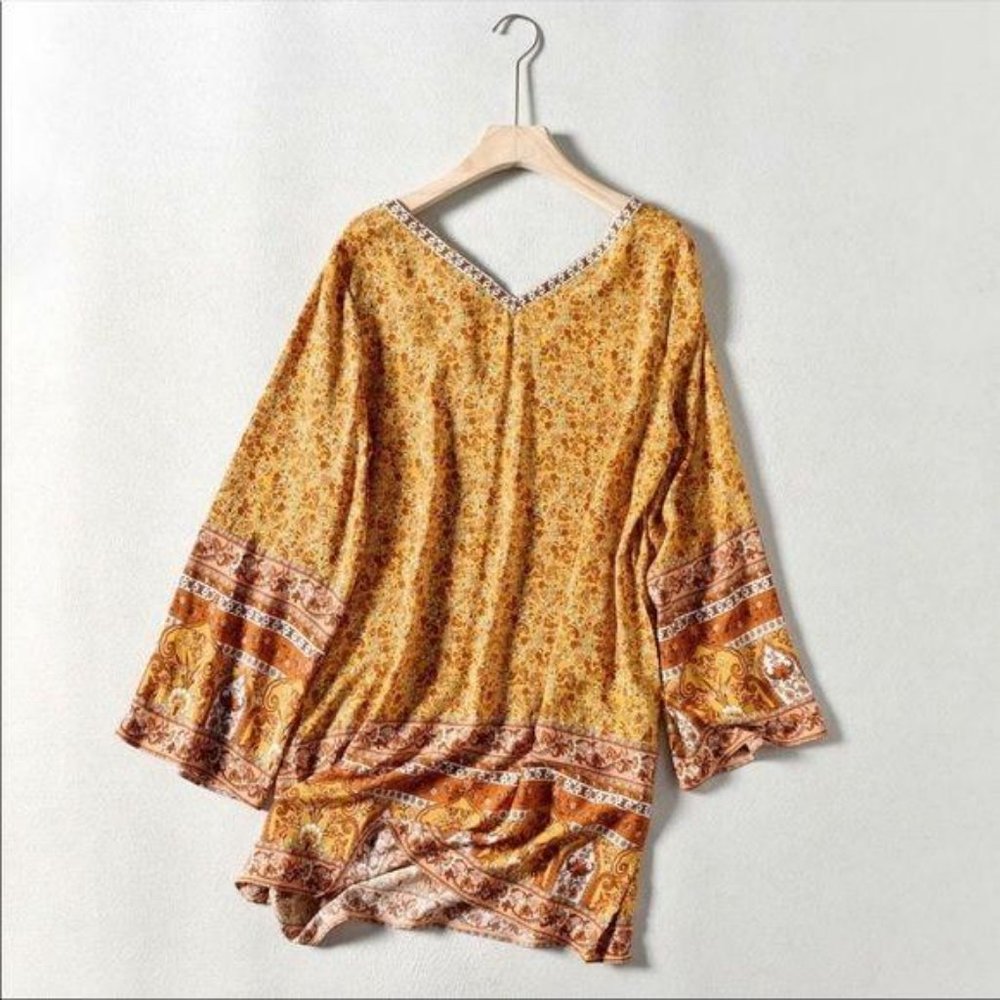 Bohemian Tribal Floral Print Dress Wide Sleeve - Picture 6 of 7